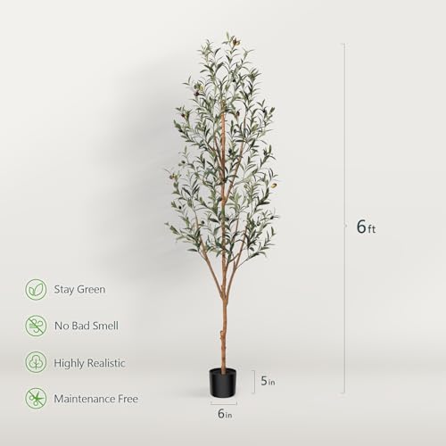 Kazeila Artificial Olive Tree 6FT Tall Faux Silk Plant for Home Office Decor Indoor Fake Potted Tree with Natural Wood Trunk and Lifelike Fruits