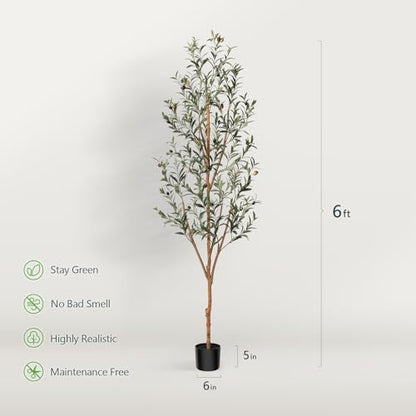 Kazeila Artificial Olive Tree 6FT Tall Faux Silk Plant for Home Office Decor Indoor Fake Potted Tree with Natural Wood Trunk and Lifelike Fruits