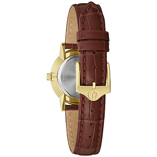 Bulova Ladies' Classic Diamond Gold Stainless Steel 3-Hand Quartz Watch, Brown Leather Strap, 27mm Style: 97P170