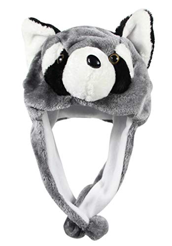 Bioterti Plush Fun Animal Hats –One Size Cap - 100% Polyester with Fleece Lining (Raccoon)