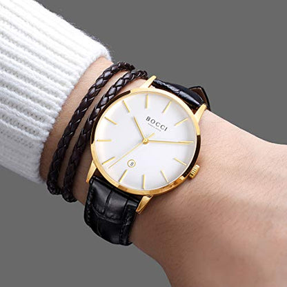 BOCCI Genuine Leather Band Watches Quartz Watches for Men Minimalist Wrist Watch with Date Fashion Casual Watch (Black)