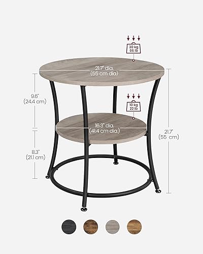 VASAGLE Side Table, Round End Table with 2 Shelves for Living Room, Bedroom, Nightstand with Steel Frame for Small Spaces, Outdoor Accent Coffee Table, Greige and Black