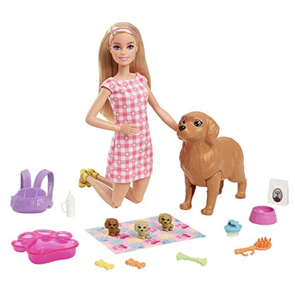 Barbie Doll and Pets, Blonde Doll with Mommy Dog, 3 Newborn Puppies with Color-Change Feature and Pet Accessories