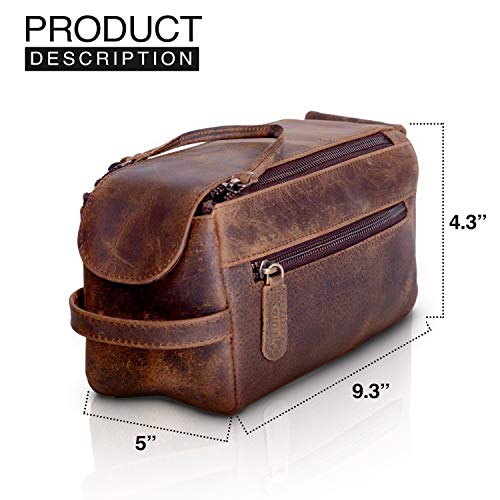 KOMALC Premium Buffalo Leather Unisex Toiletry Bag Travel Dopp Kit