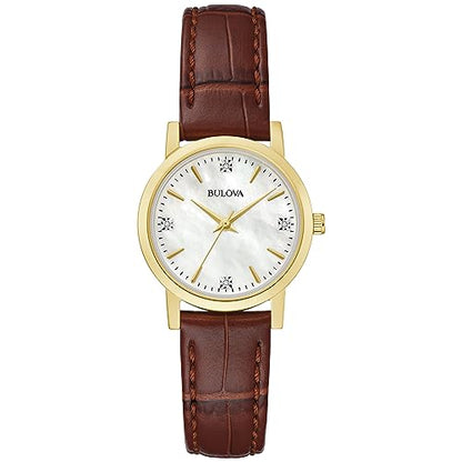 Bulova Ladies' Classic Diamond Gold Stainless Steel 3-Hand Quartz Watch, Brown Leather Strap, 27mm Style: 97P170