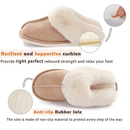 Donpapa Womens Slipper Memory Foam Fluffy Soft Warm Slip On House Slippers,Anti-Skid Cozy Plush for Indoor Outdoor Tan 7-8