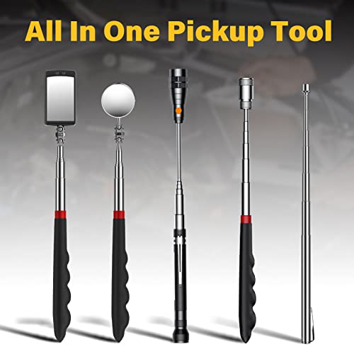 Magnetic Pickup Tool Set with 15lb&1lb Pick Up Rod, Round&Square 360 Swivel Adjustable Inspection Mirror and Telescoping Flexible Flashlight, Christmas Gifts Stocking Stuffers for Men, Him, Husband