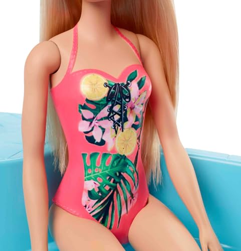 Barbie Doll and Pool Playset with Pink Slide, Beverage Accessories and Towel, Blonde Doll in Tropical Swimsuit