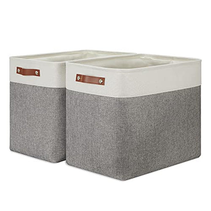 DULLEMELO Storage Baskets Large 17"x12"x15" Rectangular Bins for Organizing [2 Pack] Fabric Collapsible Organizer for Home,Office,Closet,Clothes,Toys (White&Grey)