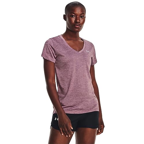 Under Armour Women's Standard Tech V-Neck Twist Short-Sleeve T-Shirt, (501) Misty Purple/White/Metallic Silver, Large