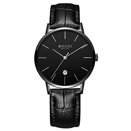 BOCCI Genuine Leather Band Watches Quartz Watches for Men Minimalist Wrist Watch with Date Fashion Casual Watch (Black)