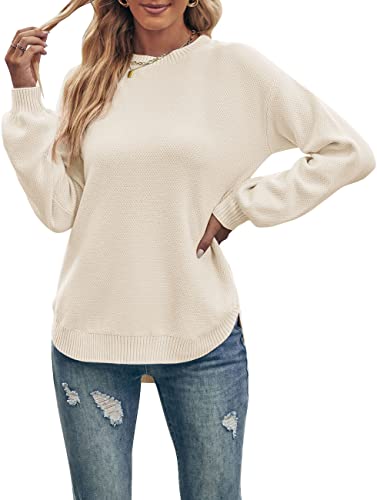 MEROKEETY Women's 2023 Fall Long Balloon Sleeve Crew Neck Sweater Tops Waffle Knit Soft Pullover Jumper, Beige, L