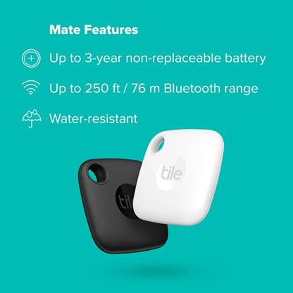 Tile Mate 2-Pack. Bluetooth Tracker, Keys Finder and Item Locator for Keys, Bags and More; Up to 250 ft. Range. Water-Resistant. Phone Finder. iOS and Android Compatible.