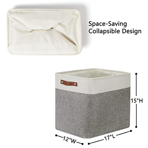 DULLEMELO Storage Baskets Large 17"x12"x15" Rectangular Bins for Organizing [2 Pack] Fabric Collapsible Organizer for Home,Office,Closet,Clothes,Toys (White&Grey)