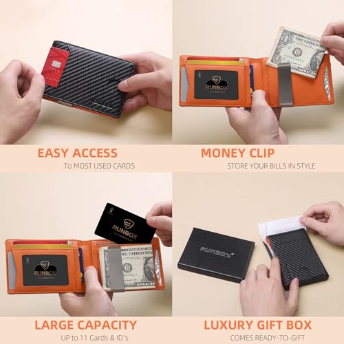 RUNBOX Slim Wallets for Men - Leather Money Clip Mens Wallet - RFID Blocking Front Pocket Bifold Wallet - Minimalist Credit Card Holder with Gift Box