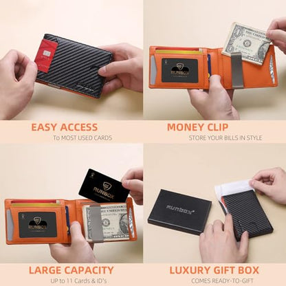 RUNBOX Slim Wallets for Men - Leather Money Clip Mens Wallet - RFID Blocking Front Pocket Bifold Wallet - Minimalist Credit Card Holder with Gift Box