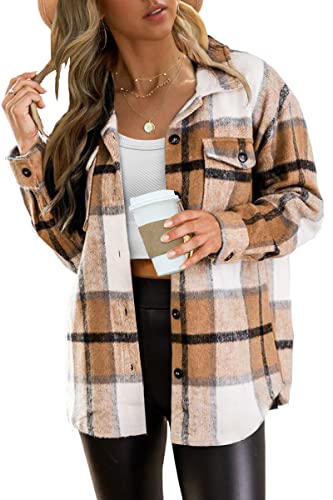 AUTOMET Womens Oversized Flannel Jacket Shirts Blend Button Down Long Sleeve Shacket Clothes 2023 Fall Fashion Tops Blouse 2023 Apricot