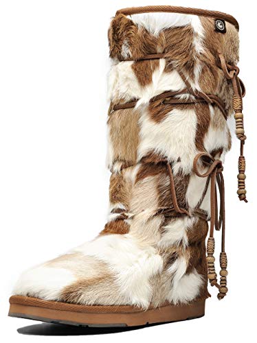 AUMU Women Tradional Wooden Bead String Sheepskin Fur Shearling Stylish Knee High Winter Snow Boots Chestnut Size 11