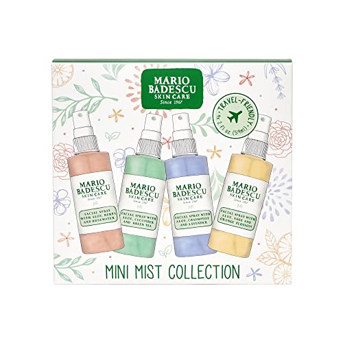 Mario Badescu Mini Mist Facial Spray Collection with Rose Water, Cucumber, Lavender and Orange Blossom, Multi-Purpose Cooling and Hydrating Face Mist for All Skin Types, 2 Fl Oz (Pack of 4)