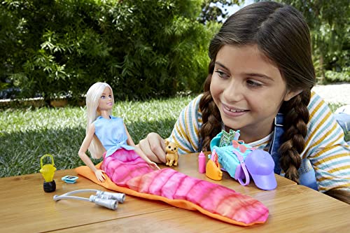 Barbie It Takes Two Doll & Accessories, Malibu Camping Playset with Doll, Pet Puppy & 10+ Accessories Including Sleeping Bag