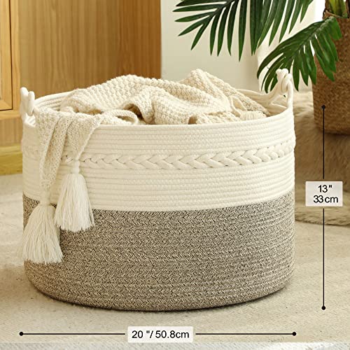 KAKAMAY Large Blanket Basket (20"x13"),Woven Baskets for storage Baby Laundry Hamper, Cotton Rope Blanket Basket for Living Room, Laundry, Nursery, Pillows, Baby Toy chest (White/Beige)