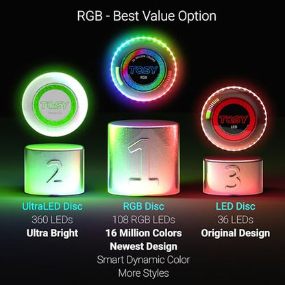 TOSY Flying Disc - 16 Million Color RGB or 36 or 360 LEDs, Extremely Bright, Smart Modes, Auto Light Up, Rechargeable, Perfect Birthday & Camping Gift for Men/Boys/Teens/Kids, 175g frisbees