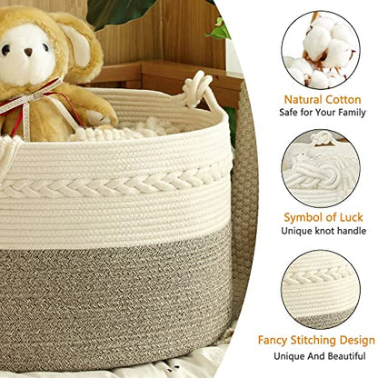 KAKAMAY Large Blanket Basket (20"x13"),Woven Baskets for storage Baby Laundry Hamper, Cotton Rope Blanket Basket for Living Room, Laundry, Nursery, Pillows, Baby Toy chest (White/Beige)