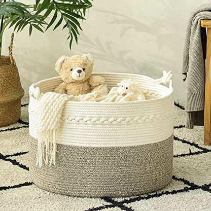 KAKAMAY Large Blanket Basket (20"x13"),Woven Baskets for storage Baby Laundry Hamper, Cotton Rope Blanket Basket for Living Room, Laundry, Nursery, Pillows, Baby Toy chest (White/Beige)