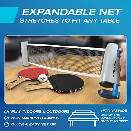 PRO-SPIN Retractable Ping Pong Net – 72" Table Tennis Net with Clamps | Portable Ping Pong Net for Any Table | Includes Custom Mesh Storage Bag | Portable Replacement Table Tennis Net Posts