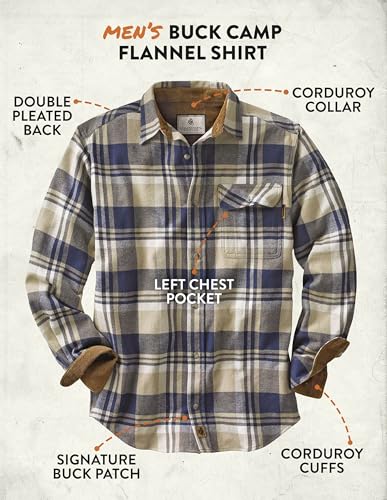 Legendary Whitetails Men's Buck Buck Camp Flannel Shirt, Long Sleeve Plaid Button Down Casual Shirt for Men, with Corduroy Cuffs, Fall & Winter Clothing, Shale Plaid, Large