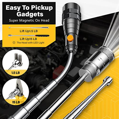 Magnetic Pickup Tool Set with 15lb&1lb Pick Up Rod, Round&Square 360 Swivel Adjustable Inspection Mirror and Telescoping Flexible Flashlight, Christmas Gifts Stocking Stuffers for Men, Him, Husband