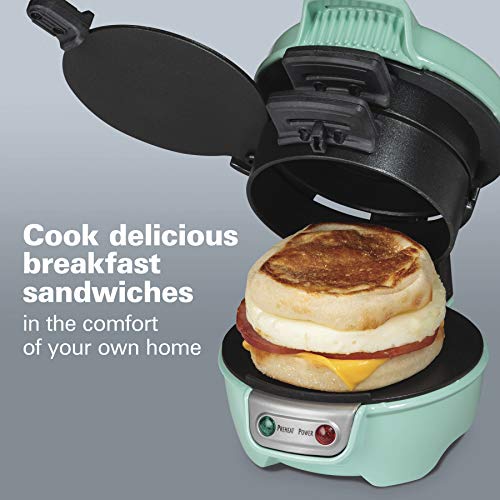 Hamilton Beach Breakfast Sandwich Maker with Egg Cooker Ring, Customize Ingredients, Perfect for English Muffins, Croissants, Mini Waffles, Perfect White Elephant Gifts, Mint (25482)