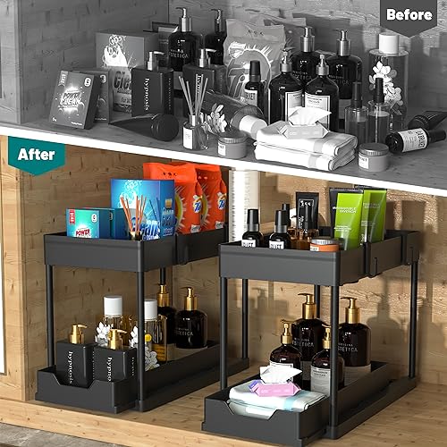 DEKAVA Under Sink Organizer 2 Pack, Bathroom Cabinet Organizer, 2 Tier Sliding Cabinet Basket Organizer Drawer, Multi-Purpose Bath Collection Baskets for Bathroom (Black)