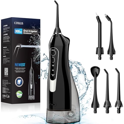 COSLUS Water Dental Flosser Teeth Pick: Portable Cordless Oral Irrigator 300ML Rechargeable Travel Irrigation Cleaner IPX7 Waterproof Electric Waterflosser Flossing Machine for Teeth Cleaning F5020E