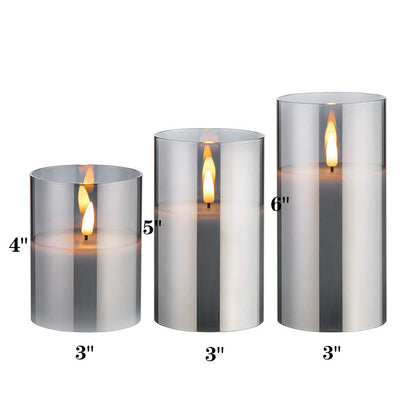 Eywamage Grey Glass Flameless Candles with Remote Battery Operated Flickering LED Pillar Candles Real Wax Wick Φ 3" H 4" 5" 6"