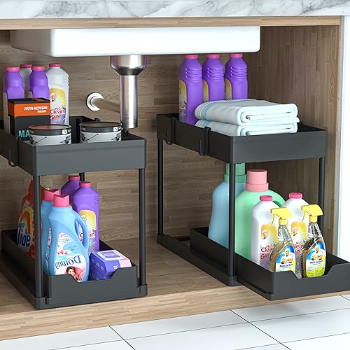 DEKAVA Under Sink Organizer 2 Pack, Bathroom Cabinet Organizer, 2 Tier Sliding Cabinet Basket Organizer Drawer, Multi-Purpose Bath Collection Baskets for Bathroom (Black)