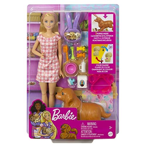 Barbie Doll and Pets, Blonde Doll with Mommy Dog, 3 Newborn Puppies with Color-Change Feature and Pet Accessories