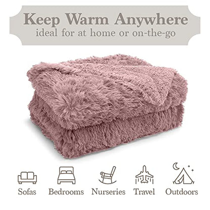 The Connecticut Home Company Throw Blanket, Soft Plush Reversible Shag and Sherpa, Warm Thick Throws for Bed, Comfy Washable Bedding Accent Blankets for Sofa Couch Chair, 65x50, Dusty Rose