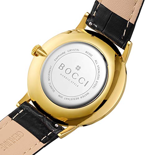 BOCCI Genuine Leather Band Watches Quartz Watches for Men Minimalist Wrist Watch with Date Fashion Casual Watch (Black)