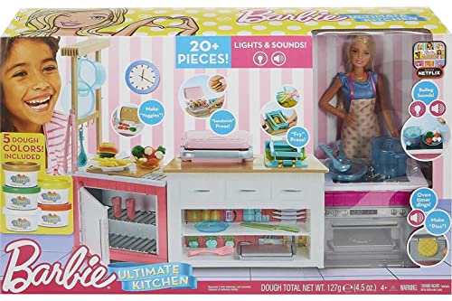 Barbie Ultimate Kitchen Doll & Playset with Lights & Sounds, Food Molds, 5 Dough Colors & 20+ Accessories, Blonde Chef Doll (Amazon Exclusive),Pink