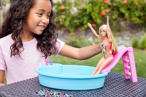 Barbie Doll and Pool Playset with Pink Slide, Beverage Accessories and Towel, Blonde Doll in Tropical Swimsuit