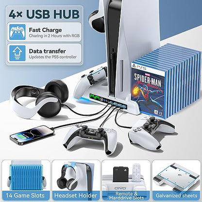 PS5 Stand and Cooling Station with RGB LED Controller Charging Station for Playstation 5 Console, 2H Fast PS5 Controller Charger, PS5 Accessories with 3 Levels Cooling Fan, Headset Holder, 3 USB Hub