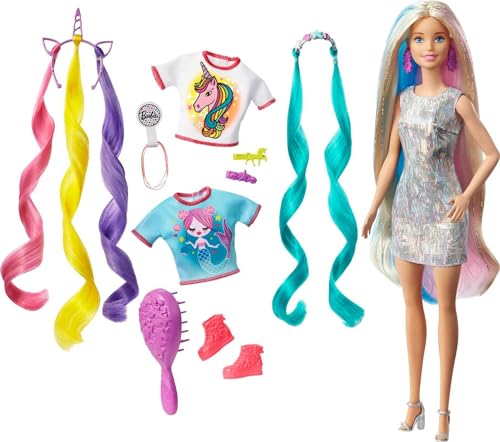 Barbie Fantasy Hair Doll & Accessories, Long Colorful Blonde Hair with Mermaid and Unicorn-Inspired Clothes