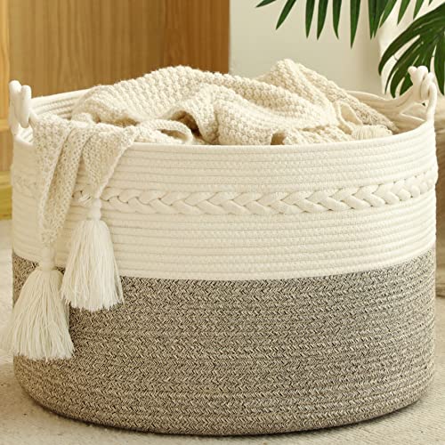 KAKAMAY Large Blanket Basket (20"x13"),Woven Baskets for storage Baby Laundry Hamper, Cotton Rope Blanket Basket for Living Room, Laundry, Nursery, Pillows, Baby Toy chest (White/Beige)