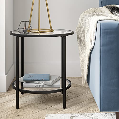 Henn&Hart 20" Wide Round Side Table with Glass Shelf in Blackened Bronze, Table for Living Room, Bedroom