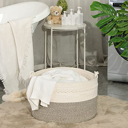 KAKAMAY Large Blanket Basket (20"x13"),Woven Baskets for storage Baby Laundry Hamper, Cotton Rope Blanket Basket for Living Room, Laundry, Nursery, Pillows, Baby Toy chest (White/Beige)