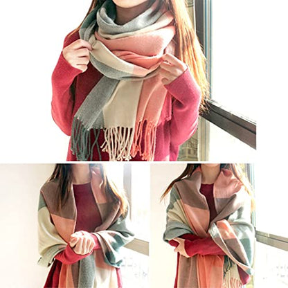 Women's Long Plaid Blanket Chunky Oversized Winter/Fall Warm Scarf Big Tartan Scarves Wrap Shawl, A-Pink