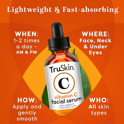 TruSkin Vitamin C Face Serum – Anti Aging Face & Eye Serum with Vitamin C, Hyaluronic Acid, Vitamin E – Brightening Serum, Dark Spot Remover, Even Skin Tone, Eye Area, Fine Lines & Wrinkles, 1 Fl Oz