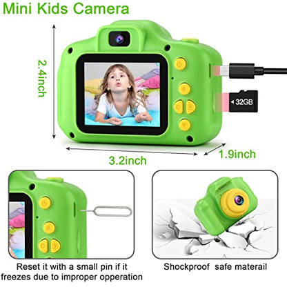 GKTZ Kids Digital Camera, Upgrade Selfie Camera 12MP Toddler Camera Children Video Camcorder, Birthday Gifts for Boys and Girls Age 3 4 5 6 7 8 9 with 32GB SD Card - Green