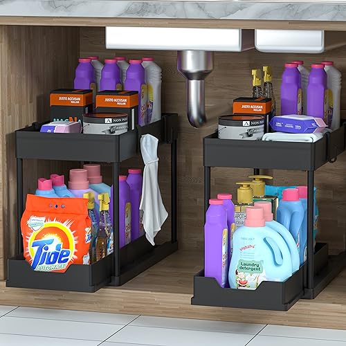 DEKAVA Under Sink Organizer 2 Pack, Bathroom Cabinet Organizer, 2 Tier Sliding Cabinet Basket Organizer Drawer, Multi-Purpose Bath Collection Baskets for Bathroom (Black)